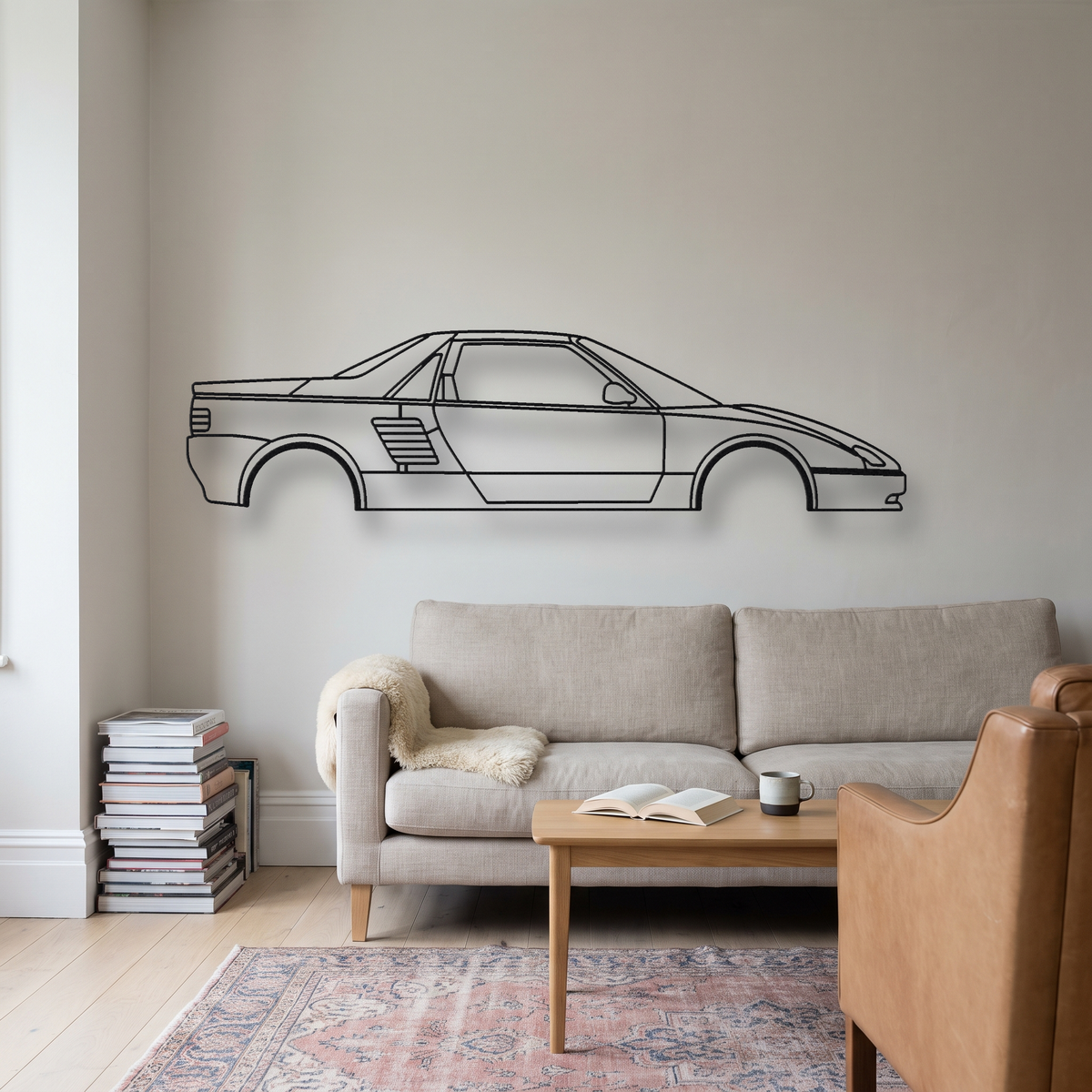 Autozam AZ-1 metal wall art silhouette, front view on wall