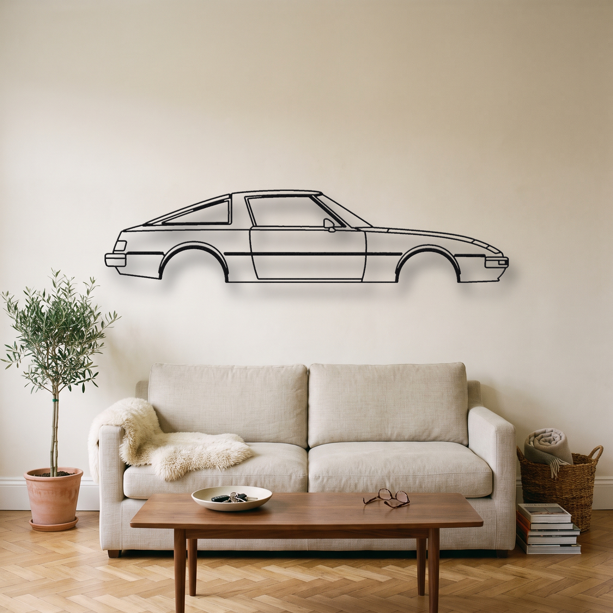 Mazda RX-7 FB metal wall art silhouette, front view on wall