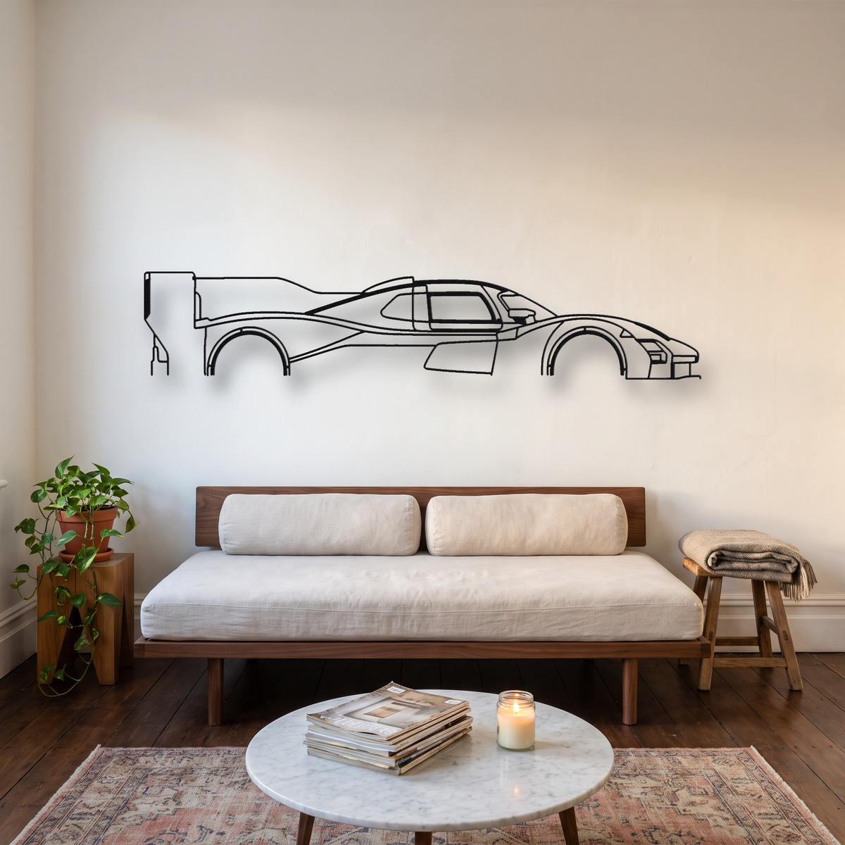 Porsche 963 RSP metal wall art silhouette, front view on wall