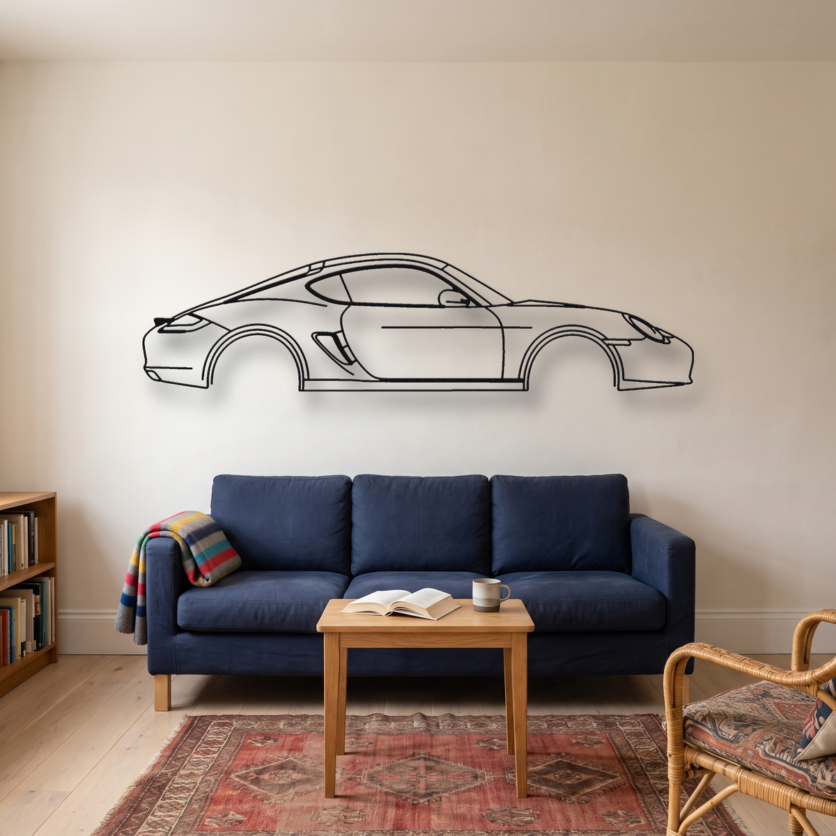 Porsche Cayman 987.2 metal wall art silhouette, front view on wall