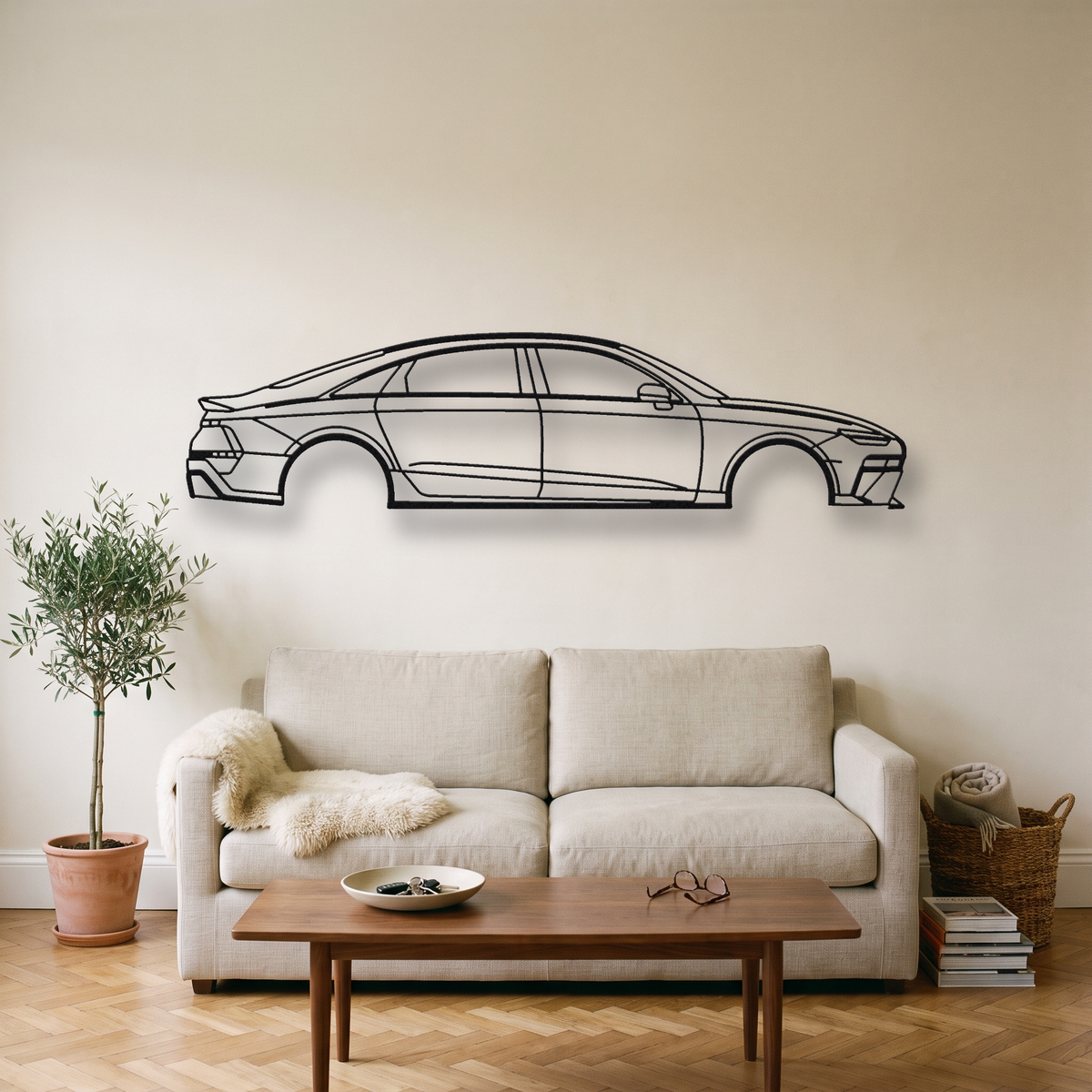 Hyundai Ioniq 6 N metal wall art silhouette, front view on wall
