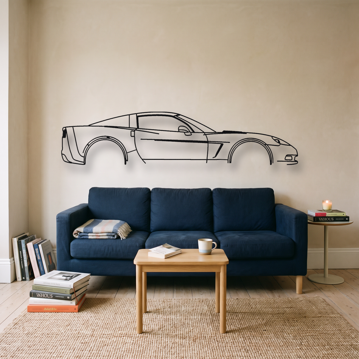 Chevrolet Corvette C6 metal wall art silhouette, front view on wall