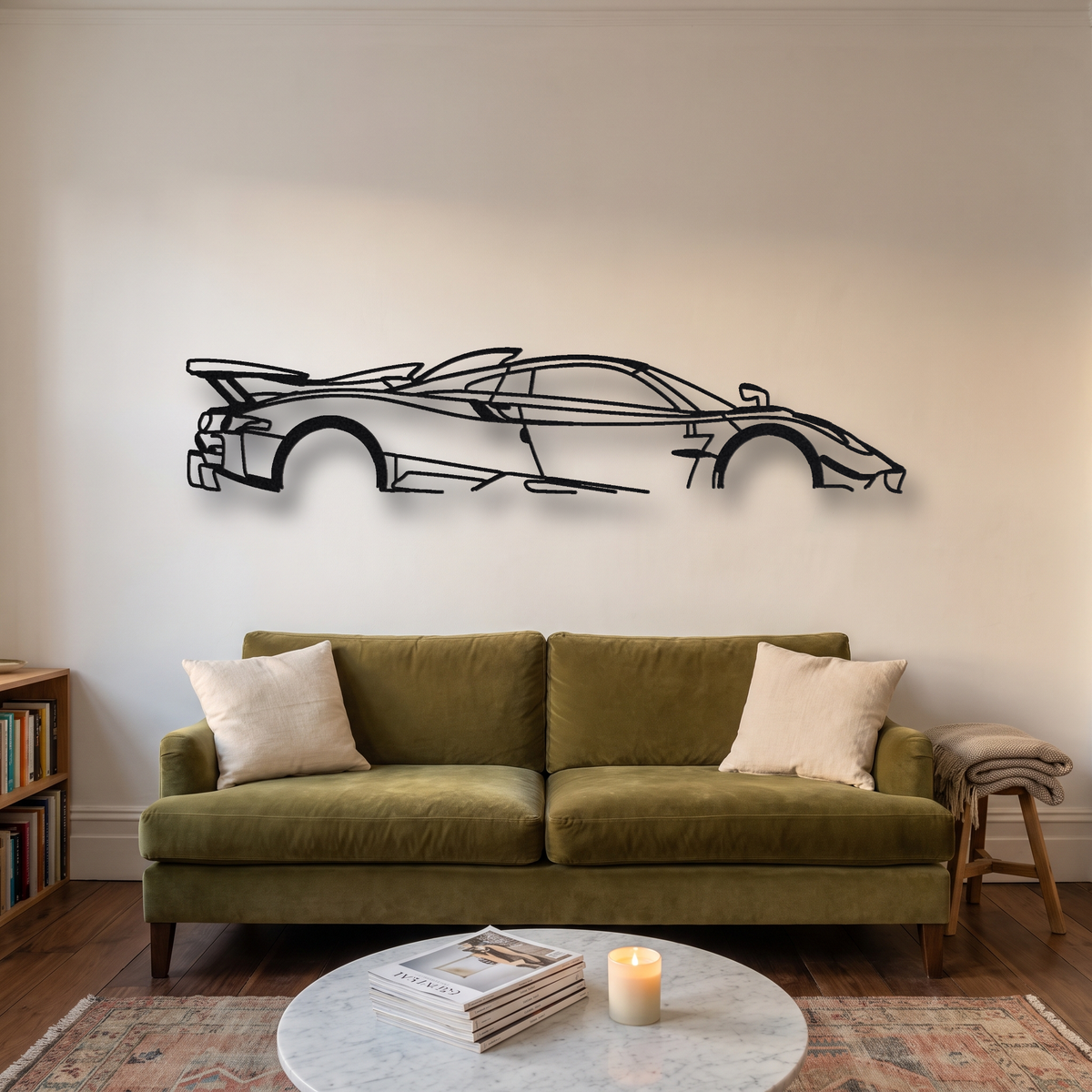 2021 Pagani Huayra Tricolore metal wall art silhouette, front view on wall