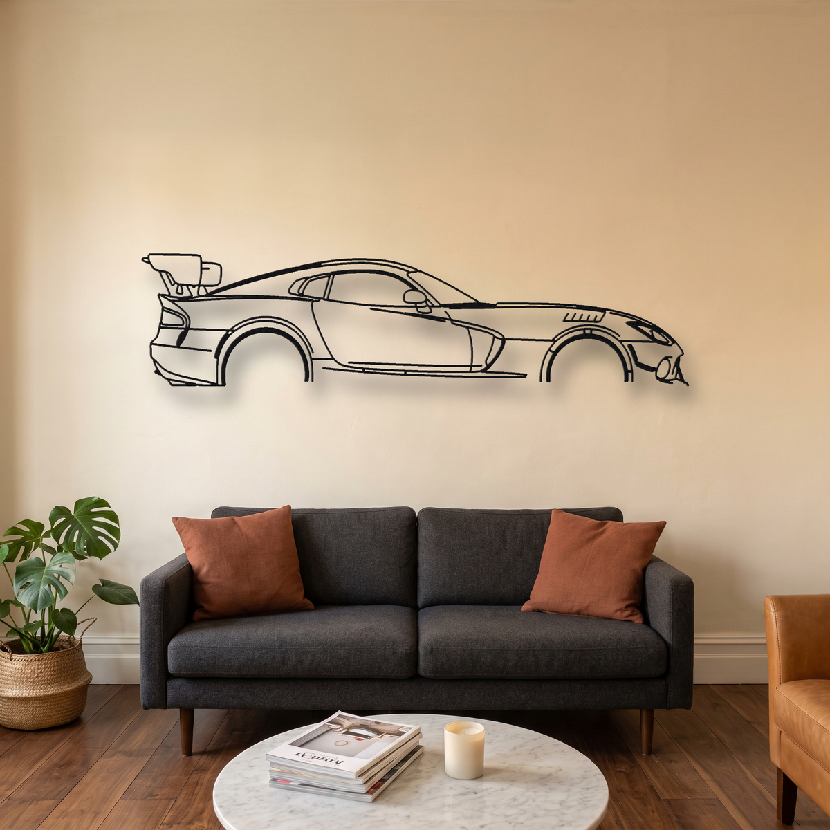 Dodge Viper ACR Gen 4 metal wall art silhouette, front view on wall