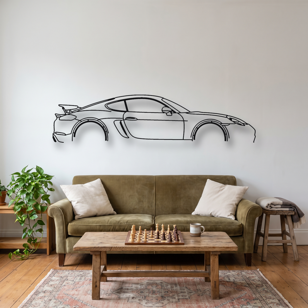 Porsche 718 Cayman GT4 982 metal wall art silhouette, front view on wall