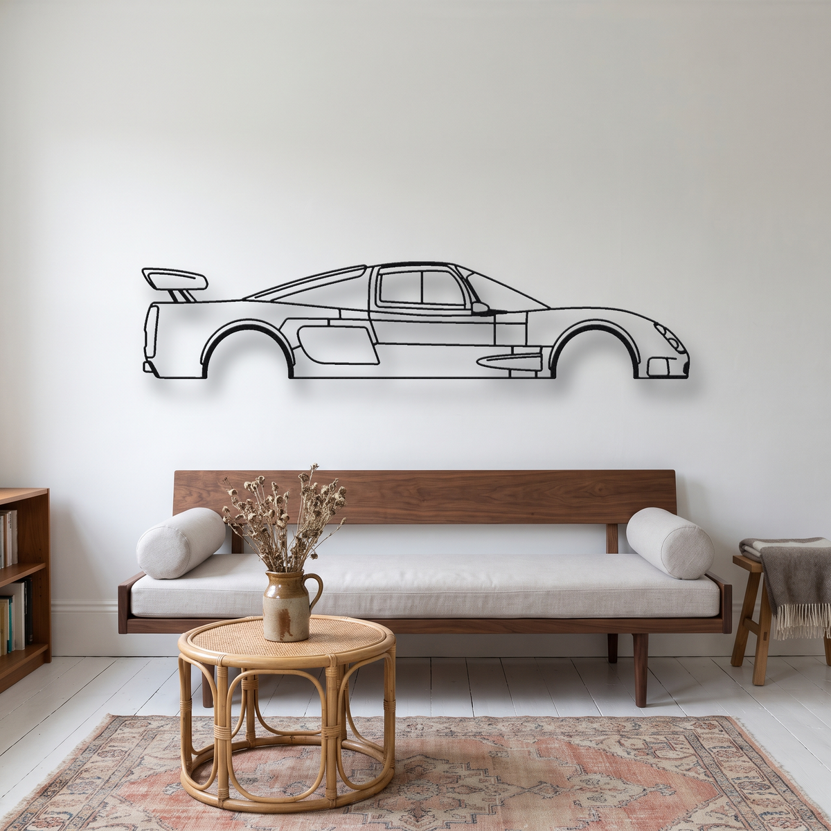 Ultima GTR metal wall art silhouette, front view on wall