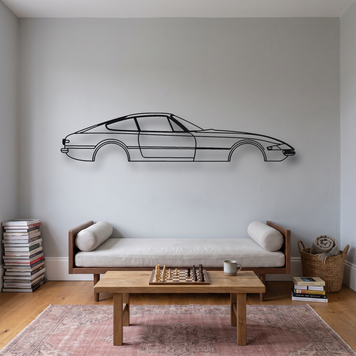 Ferrari 365 GTB/4 Daytona metal wall art silhouette, front view on wall