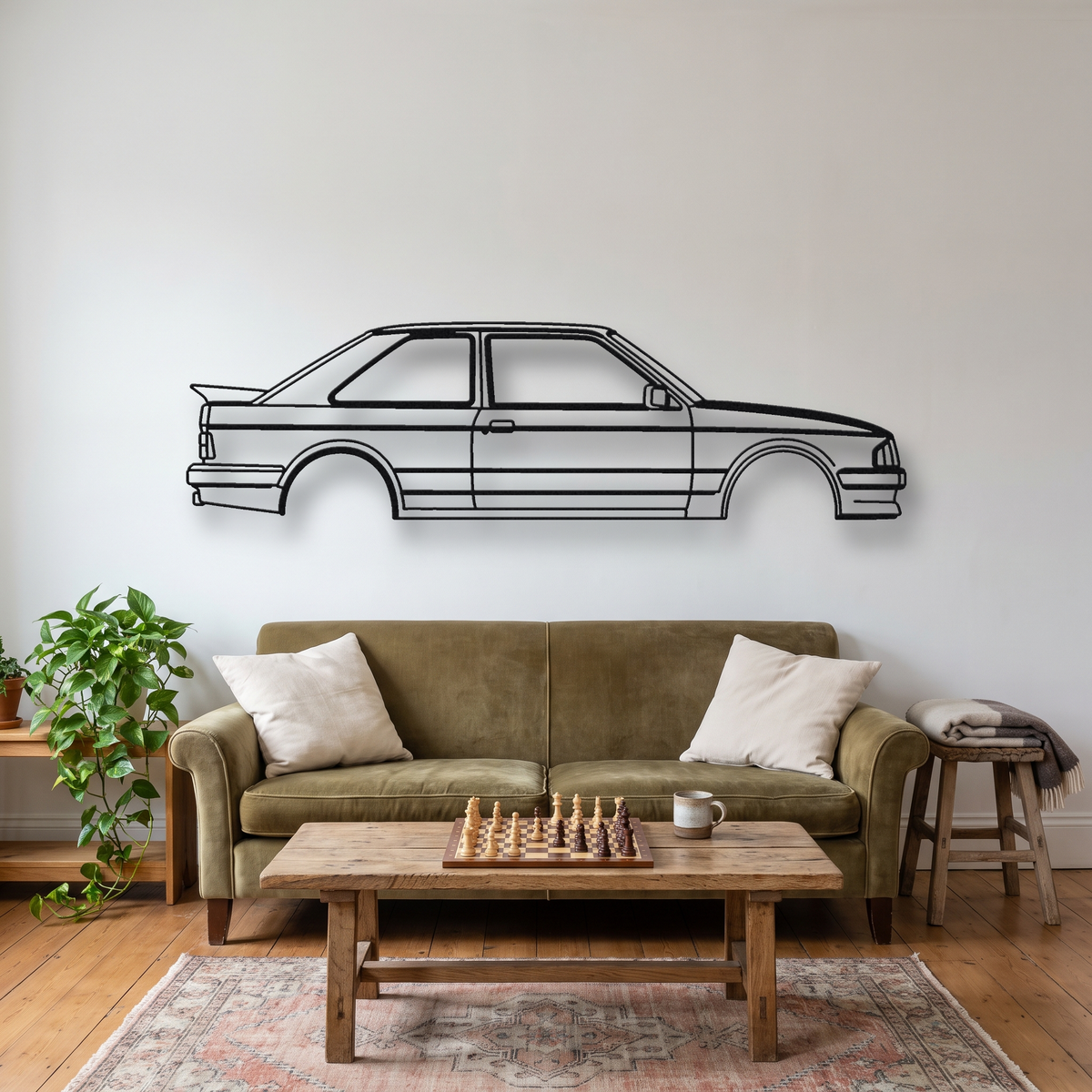 Ford Escort RS Turbo Series 1 metal wall art silhouette, front view on wall
