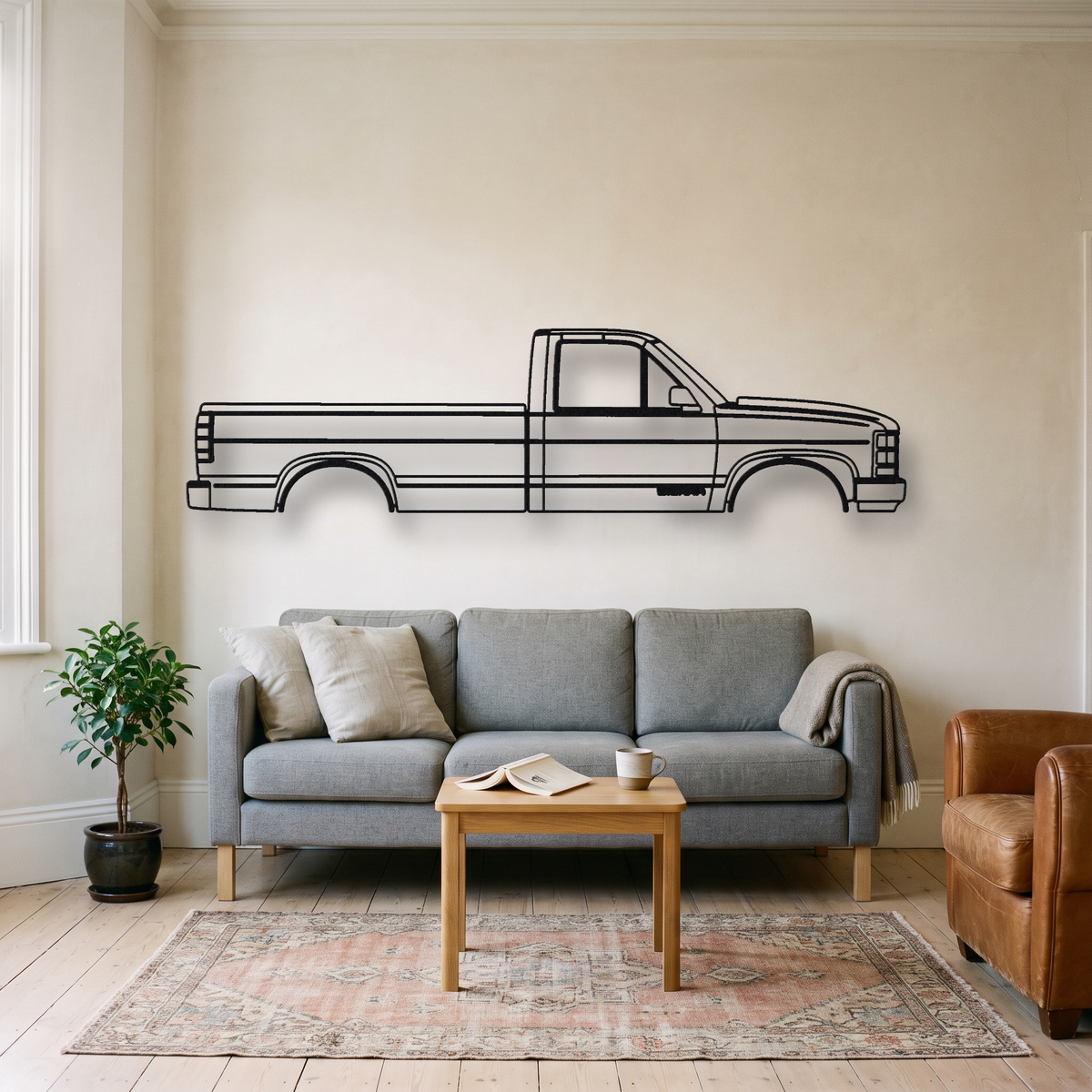 GMC Sierra K2XX metal wall art silhouette, front view on wall