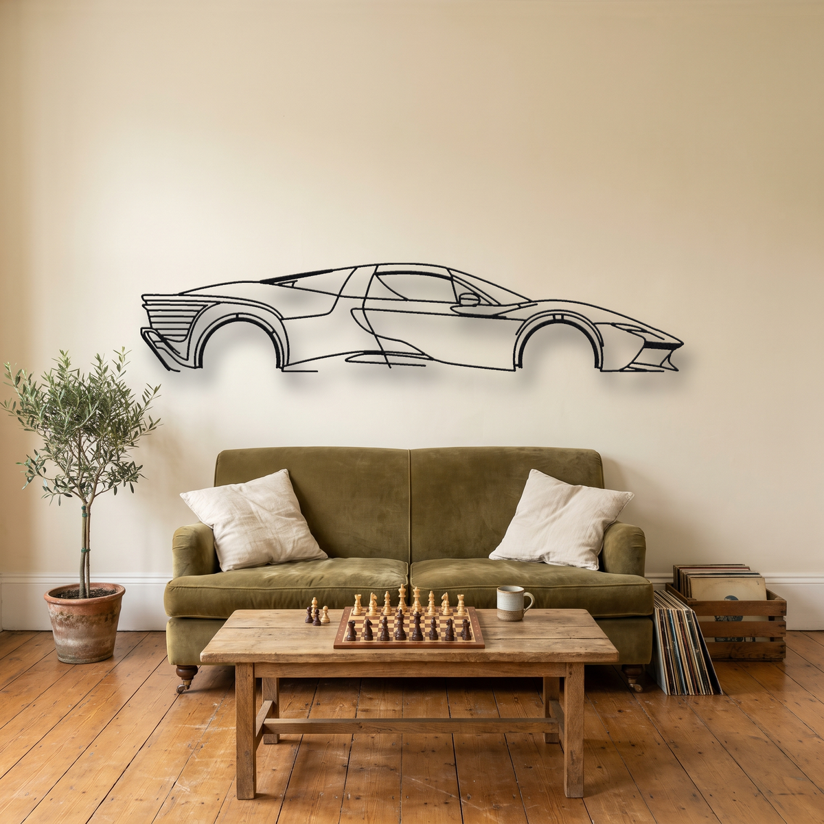 Ferrari Daytona SP3 metal wall art silhouette, front view on wall