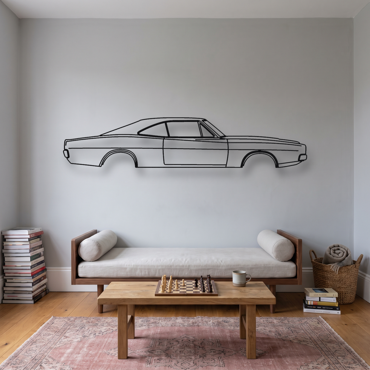 1968-1970 Dodge Charger metal wall art silhouette, front view on wall