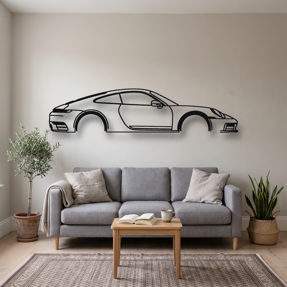 2023- Porsche 911 Carrera T 992.1 metal wall art silhouette, front view on wall