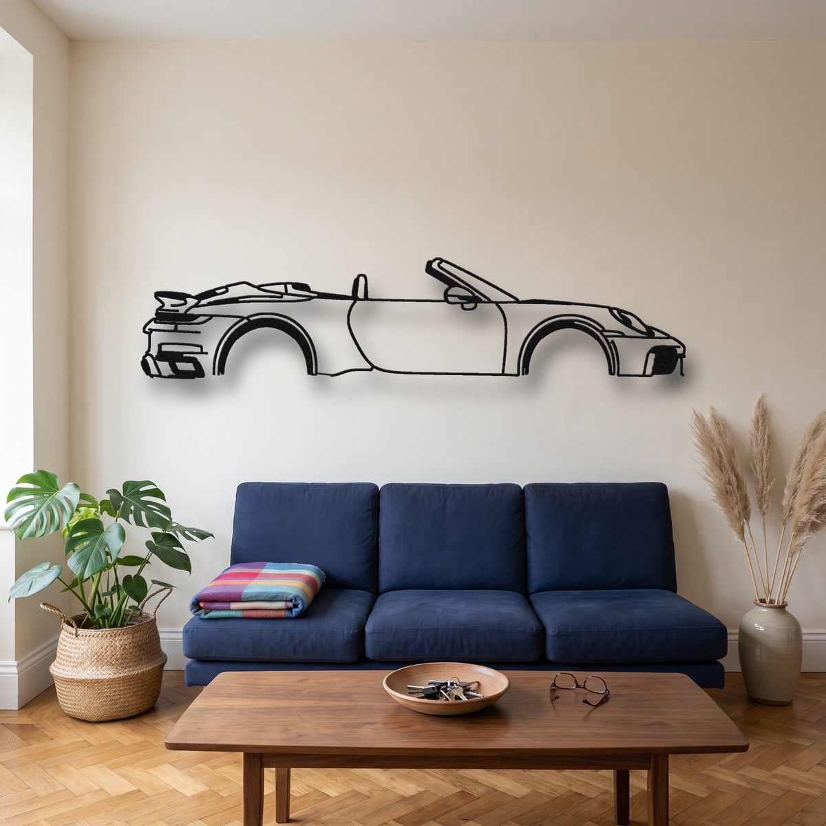 2020- Porsche 911 Turbo S Cabriolet 992 metal wall art silhouette, front view on wall