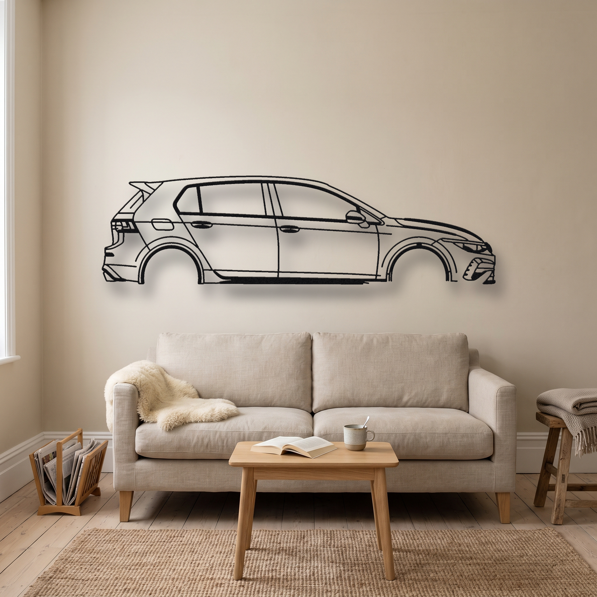 Volkswagen Golf R MK8 metal wall art silhouette, front view on wall