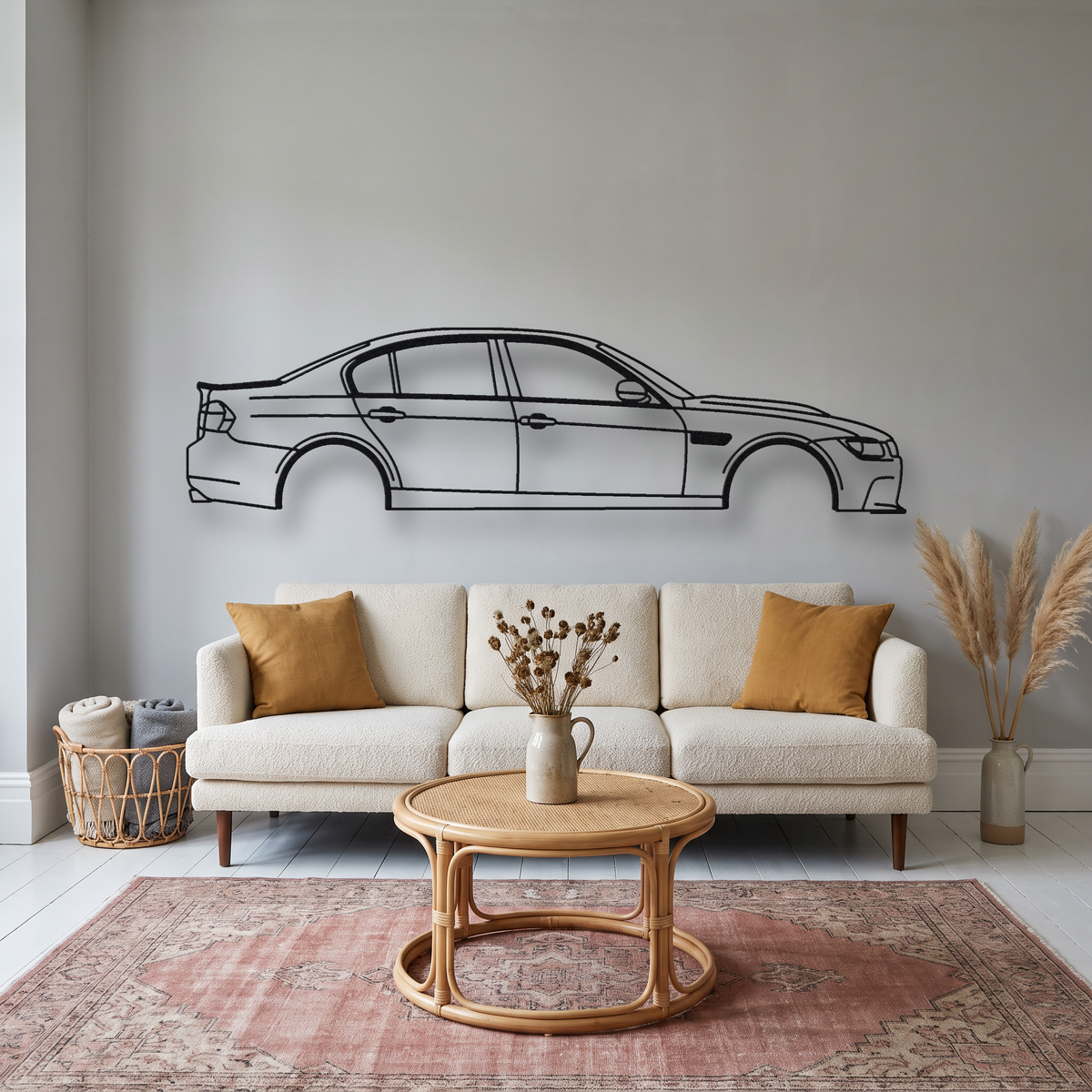 BMW M3 E90 metal wall art silhouette, front view on wall