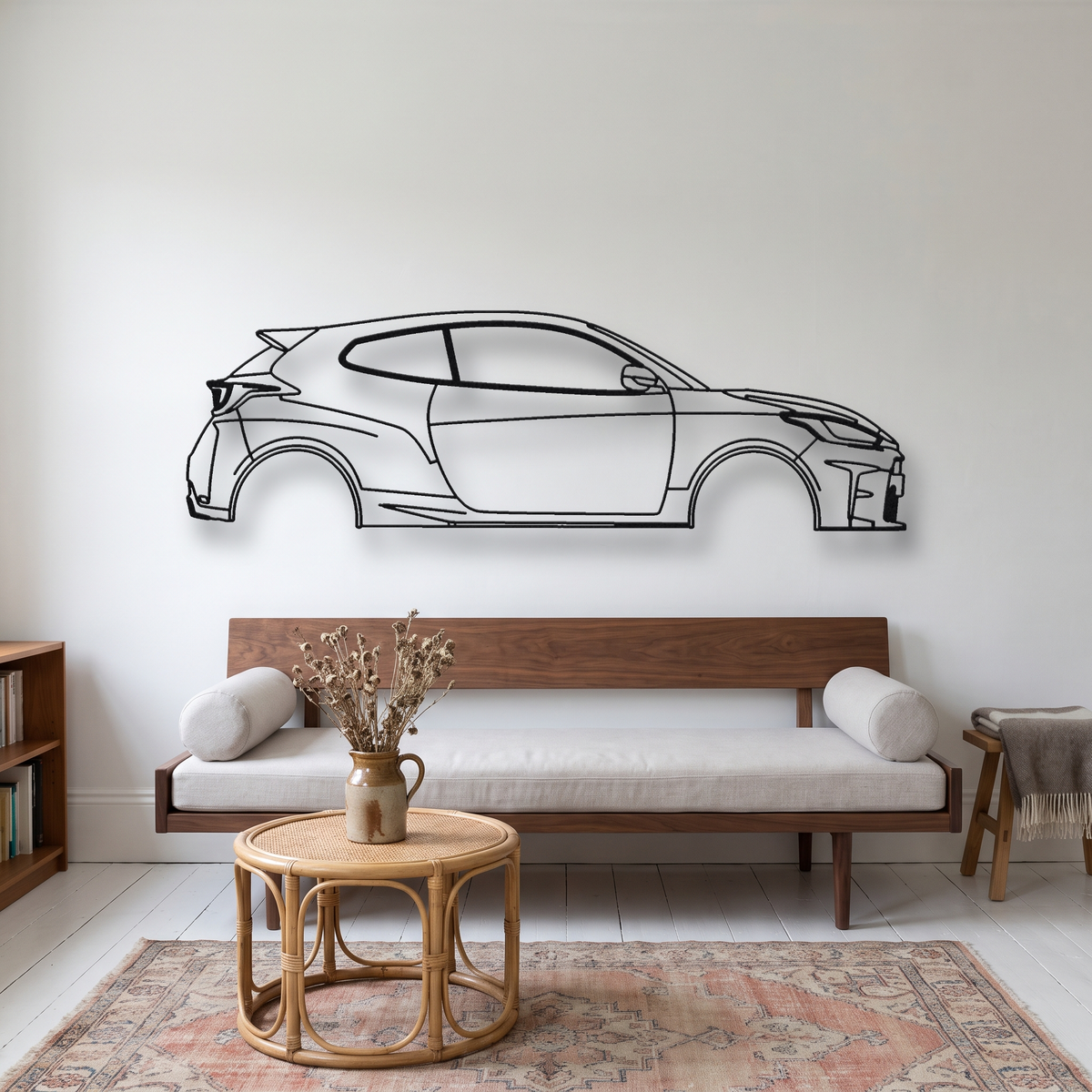Toyota GR Yaris metal wall art silhouette, front view on wall