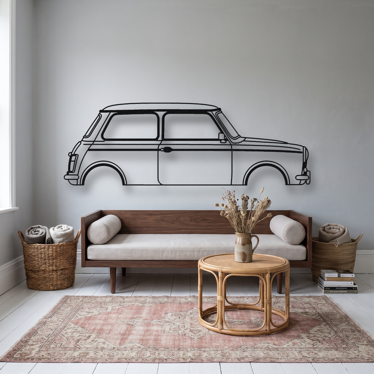 Mini Cooper S MK1/MK2 metal wall art silhouette, front view on wall