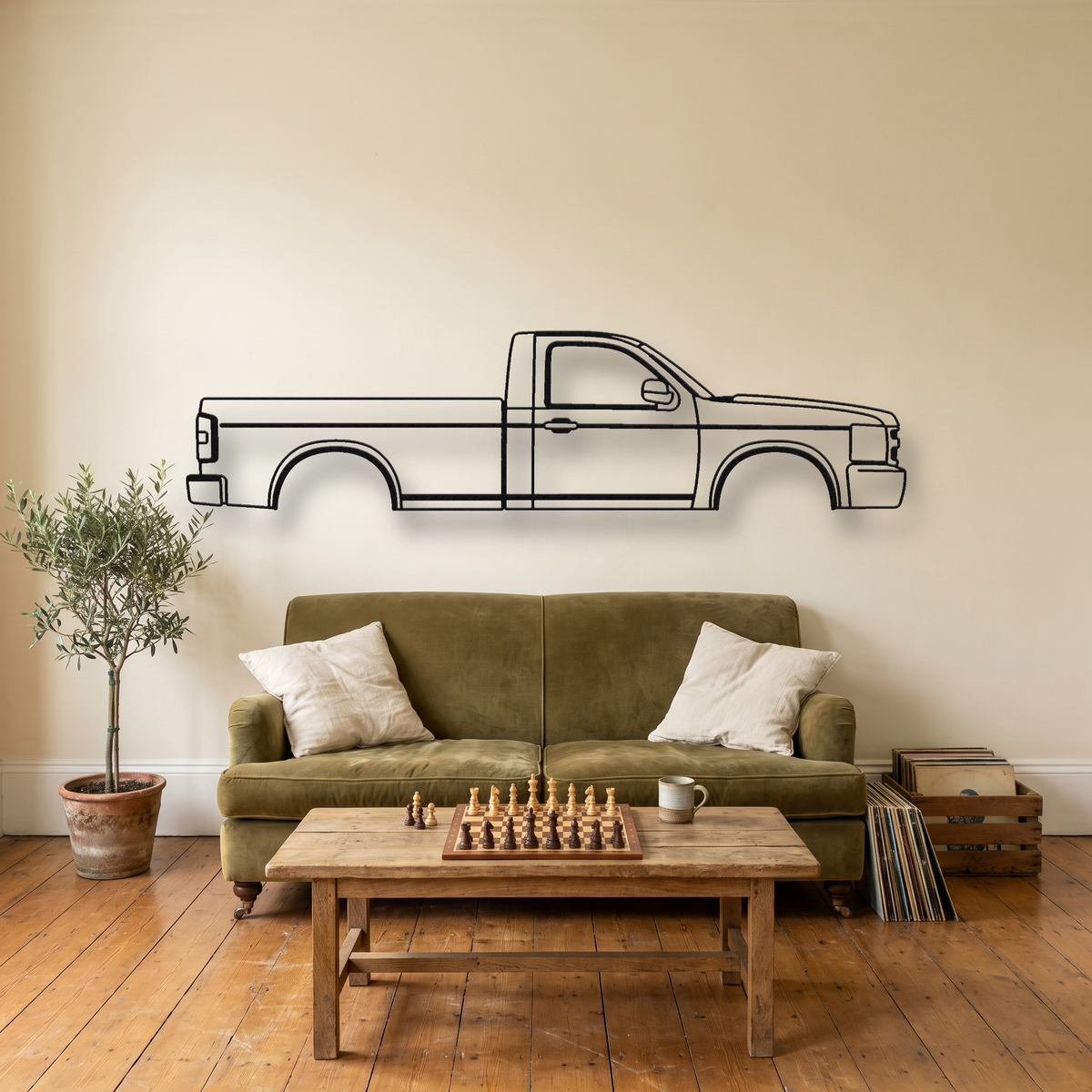 Chevrolet Silverado GMT900 metal wall art silhouette, front view on wall