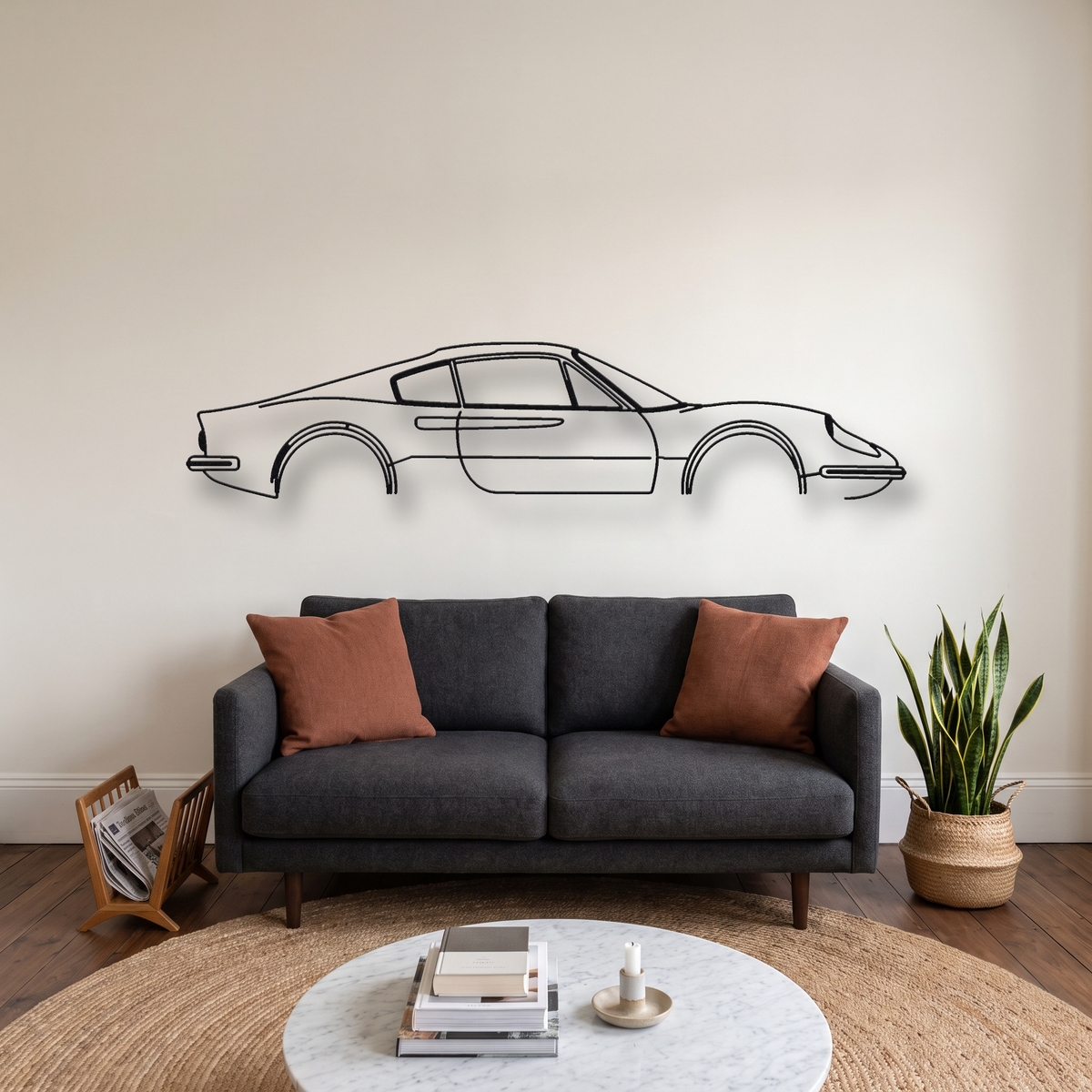 Ferrari Dino 206 GT metal wall art silhouette, front view on wall