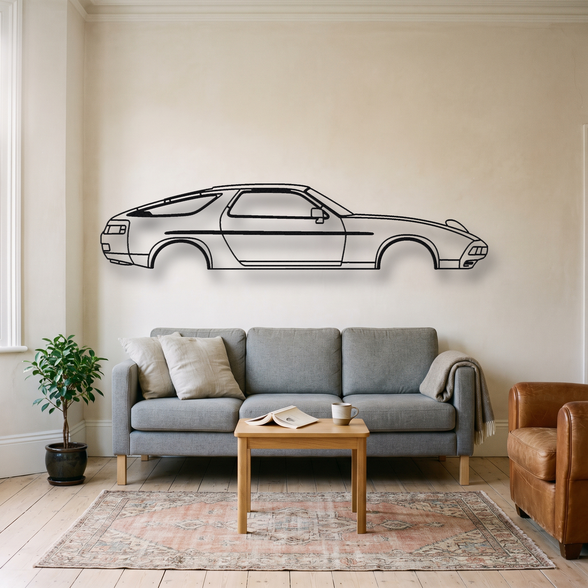 1978-1982 Porsche 928 metal wall art silhouette, front view on wall