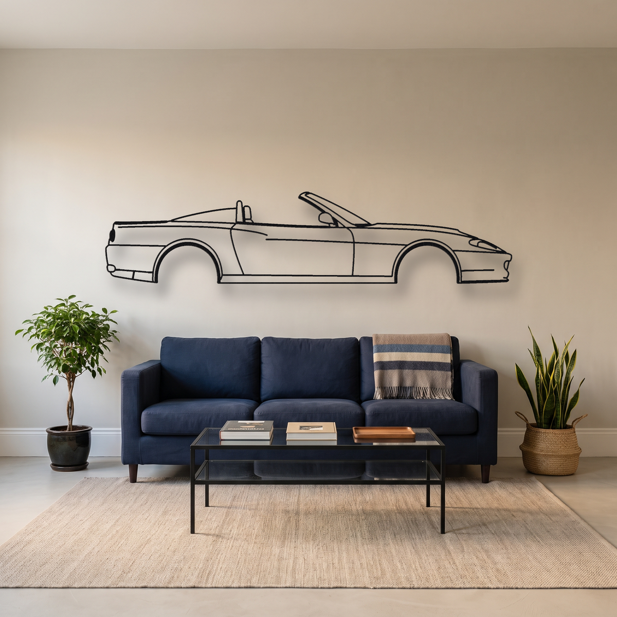 Ferrari 550 Barchetta Pininfarina metal wall art silhouette, front view on wall