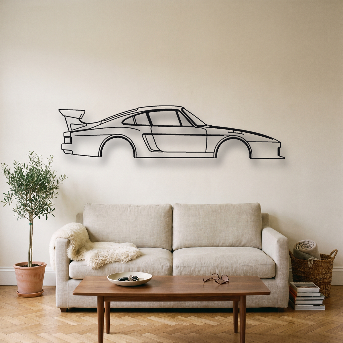 Porsche 935 metal wall art silhouette, front view on wall