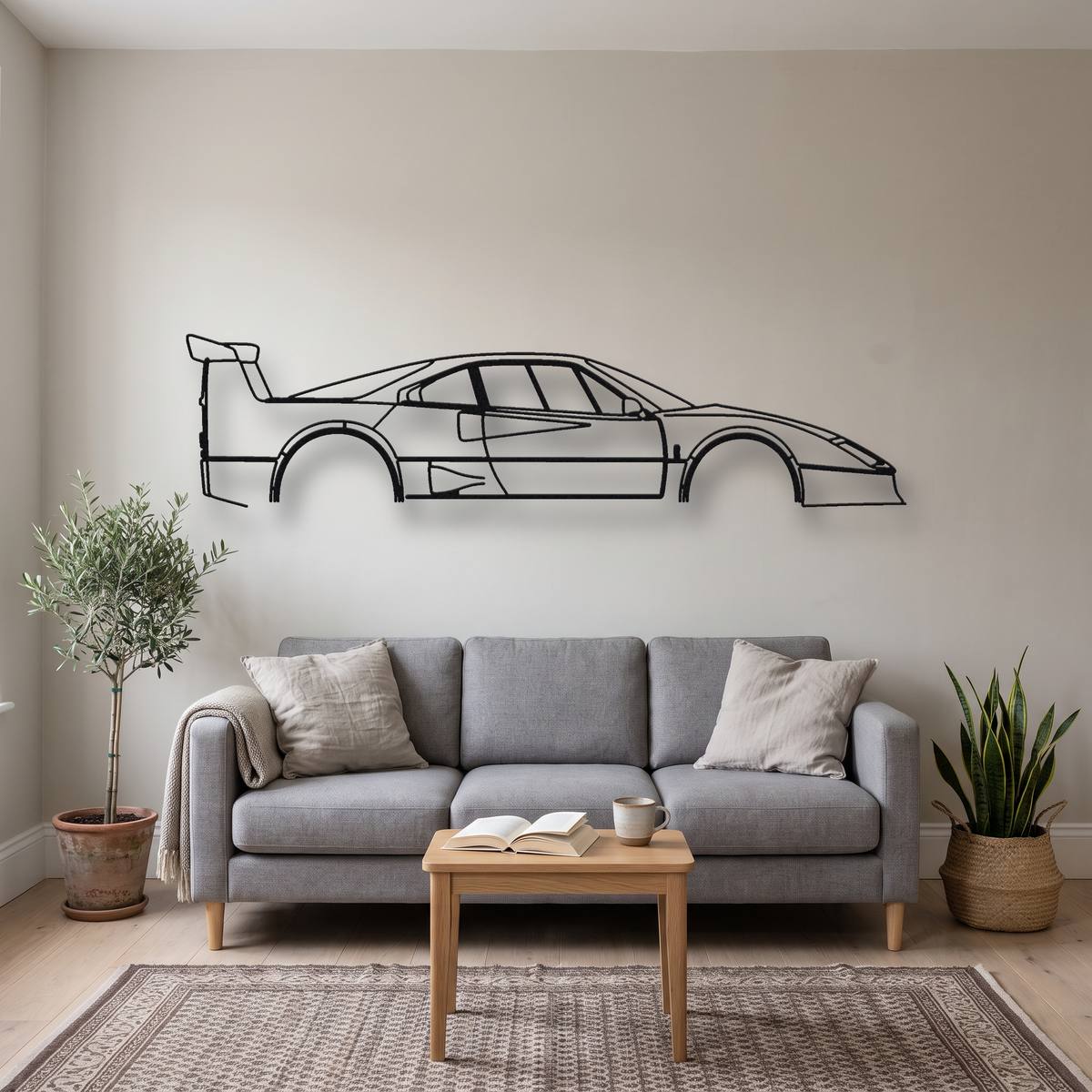 Ferrari F40 LM metal wall art silhouette, front view on wall