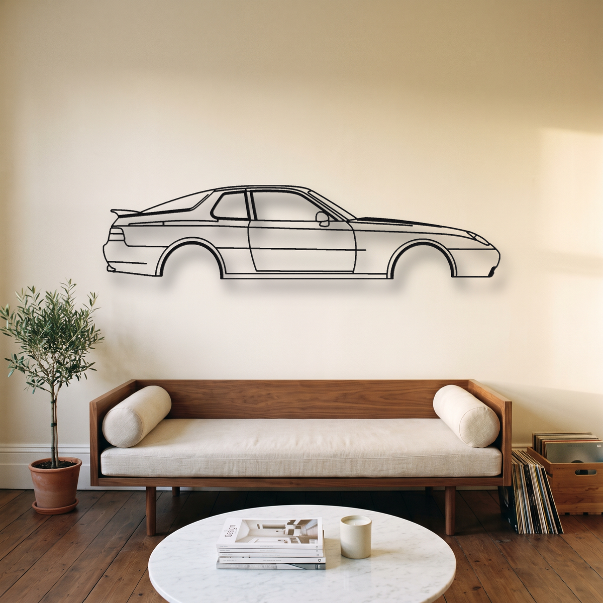 Porsche 968 Club Sport metal wall art silhouette, front view on wall