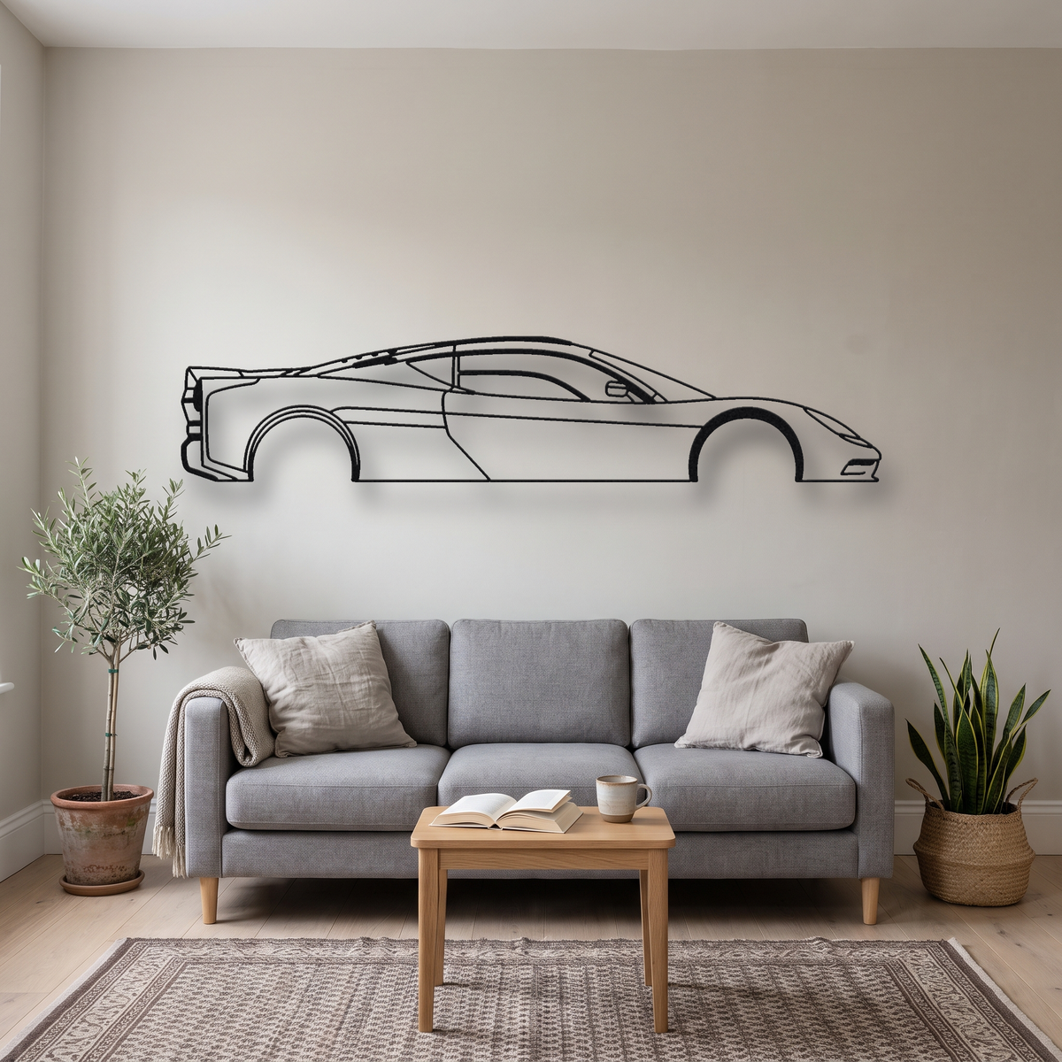 Gordon Murray Automotive T.50 metal wall art silhouette, front view on wall
