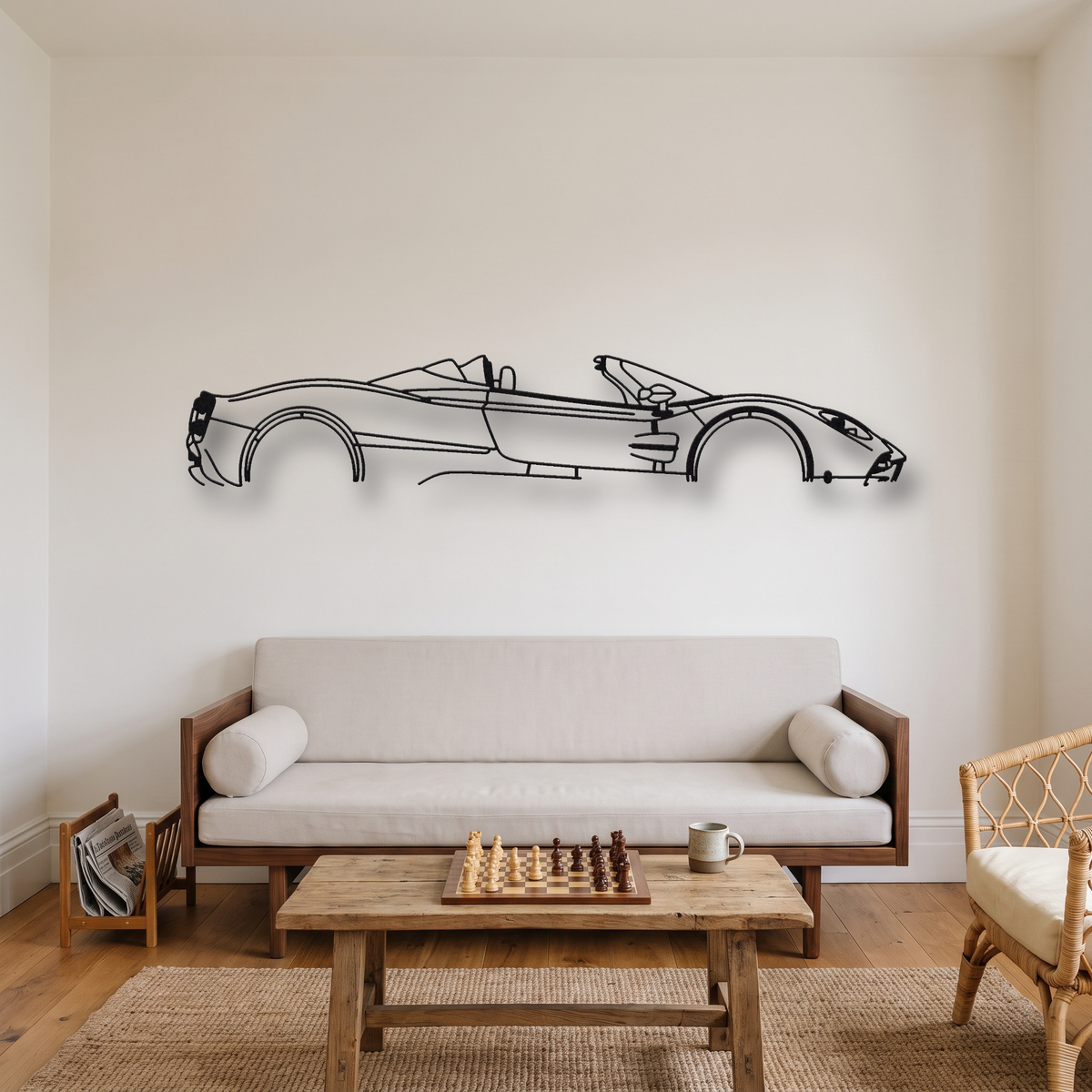 Pagani Utopia Roadster metal wall art silhouette, front view on wall
