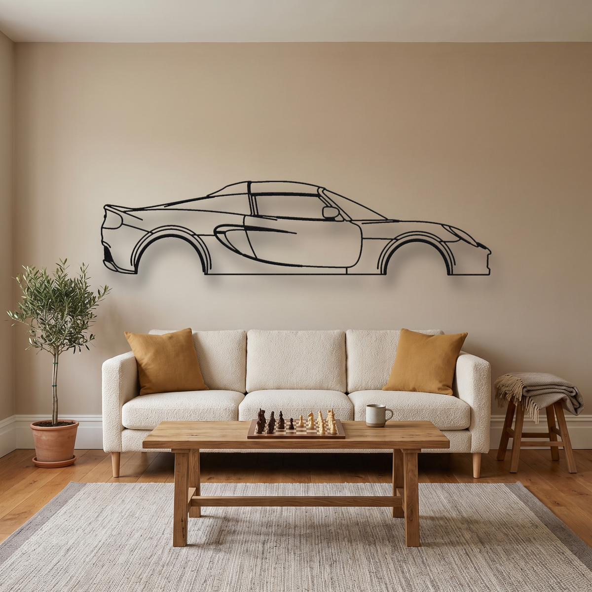 Lotus Elise Series 2 metal wall art silhouette, front view on wall