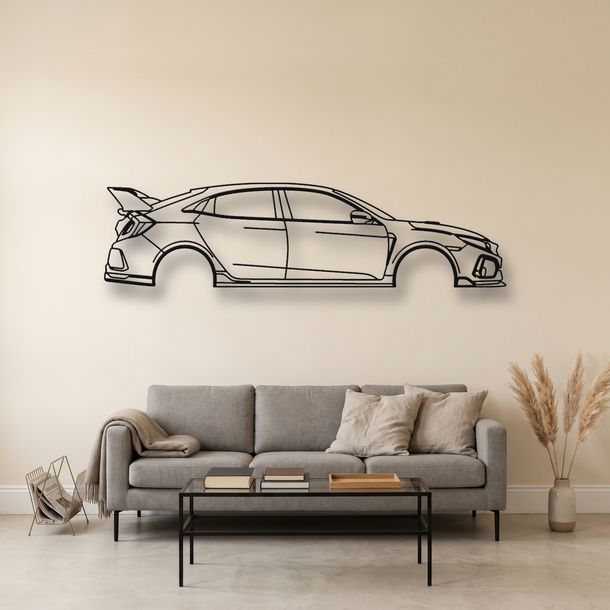 Honda Civic Type R FK8 metal wall art silhouette, front view on wall