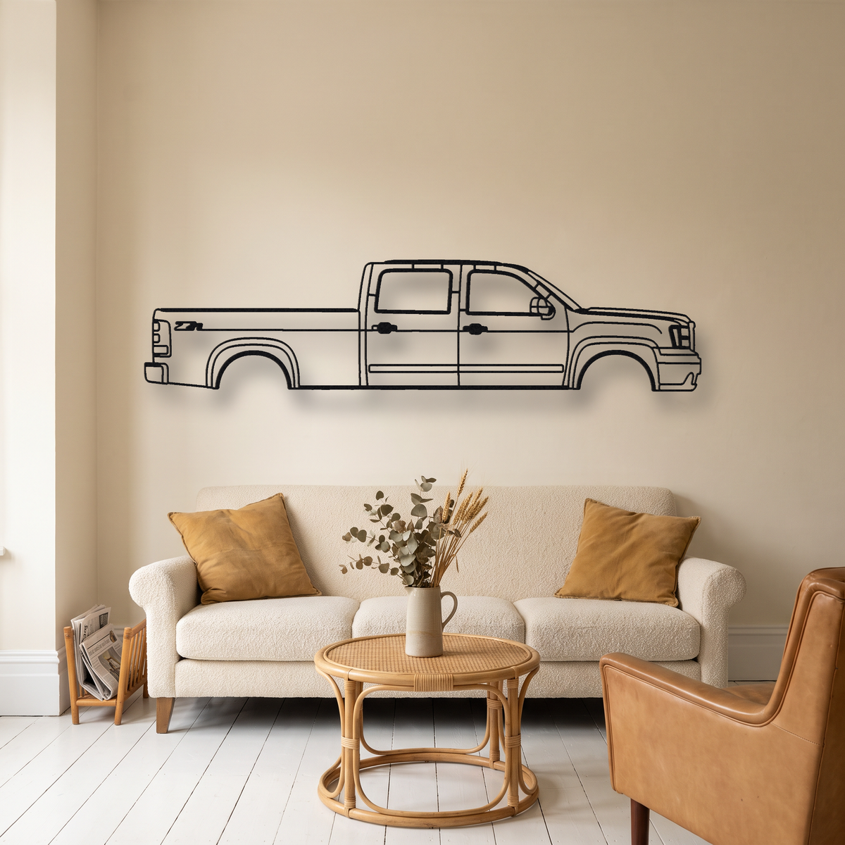 GMC Sierra GMT900 metal wall art silhouette, front view on wall