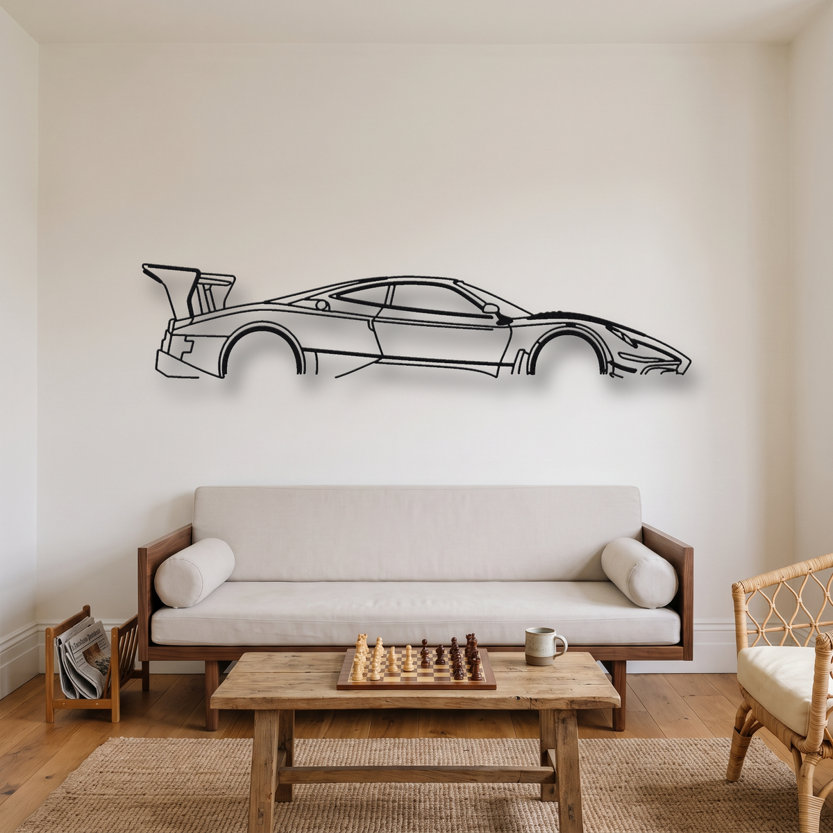 Pagani Zonda Revolución metal wall art silhouette, front view on wall