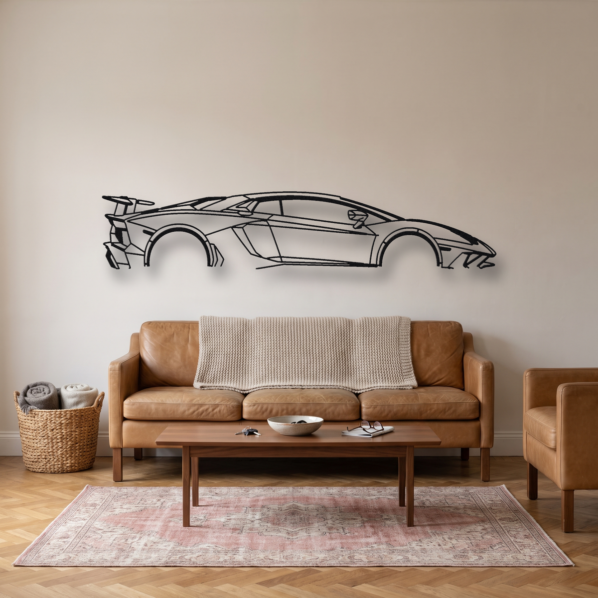 Lamborghini Aventador LP750-4 SV metal wall art silhouette, front view on wall