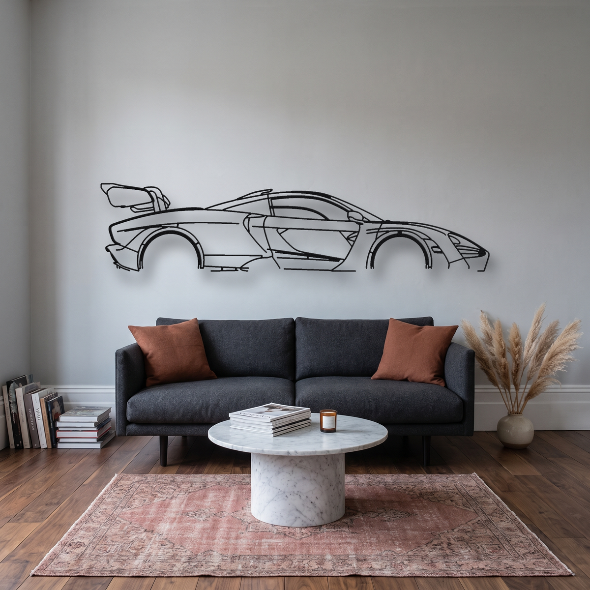 McLaren Senna metal wall art silhouette, front view on wall