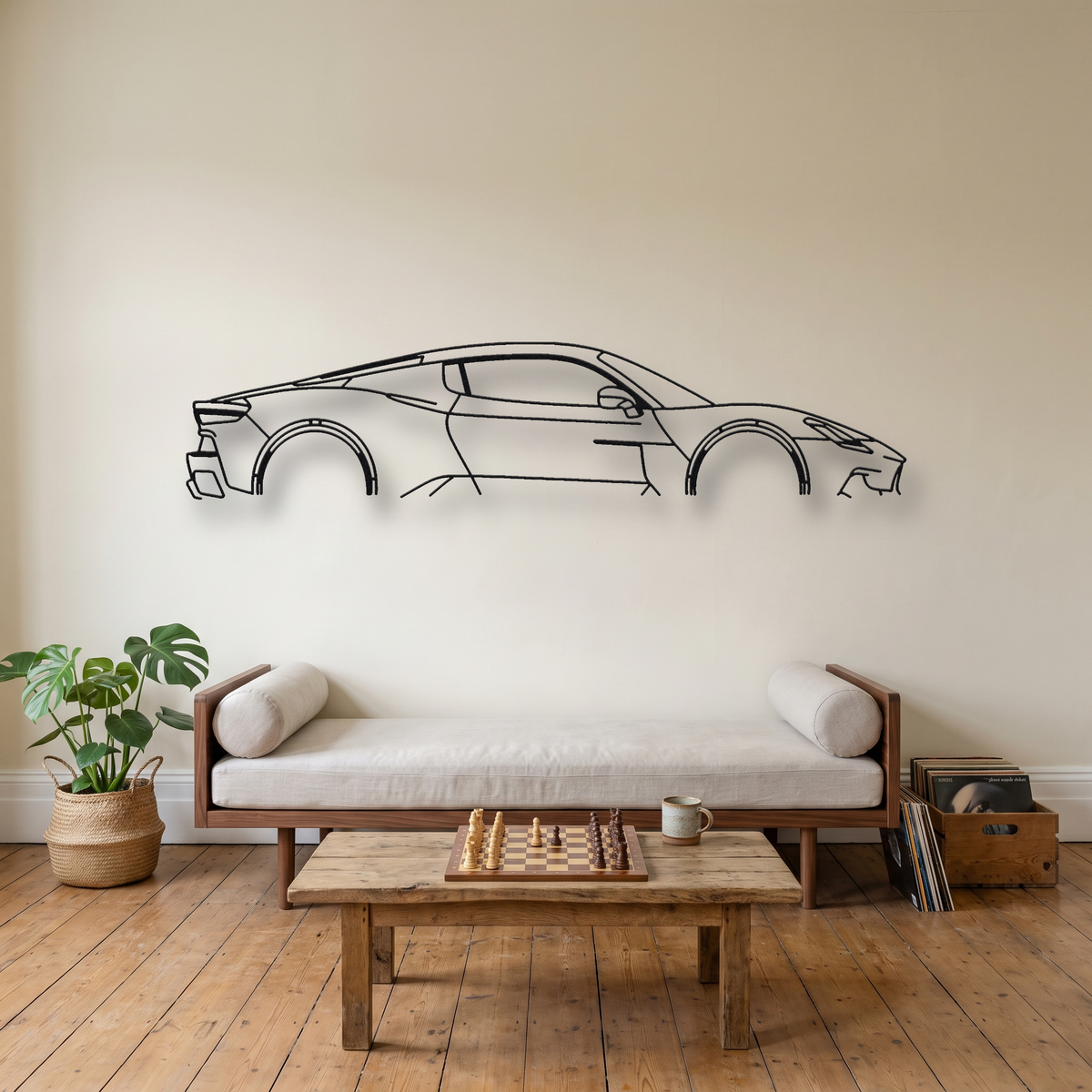 Maserati MC20 metal wall art silhouette, front view on wall