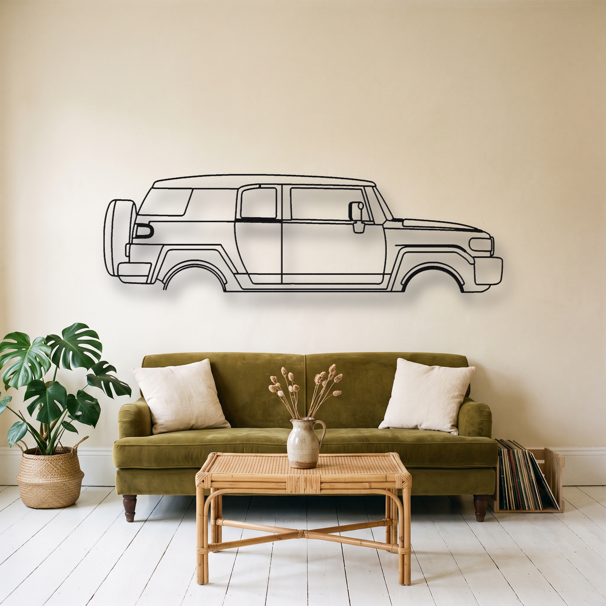 Toyota FJ Cruiser metal wall art silhouette, front view on wall
