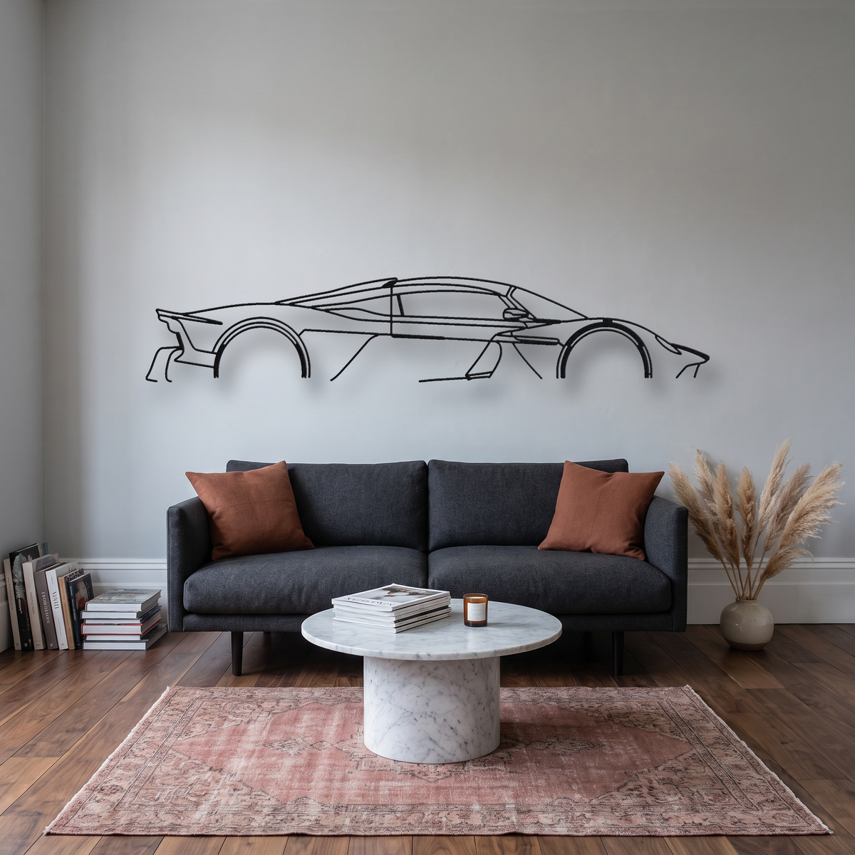 Aston Martin Valkyrie metal wall art silhouette, front view on wall