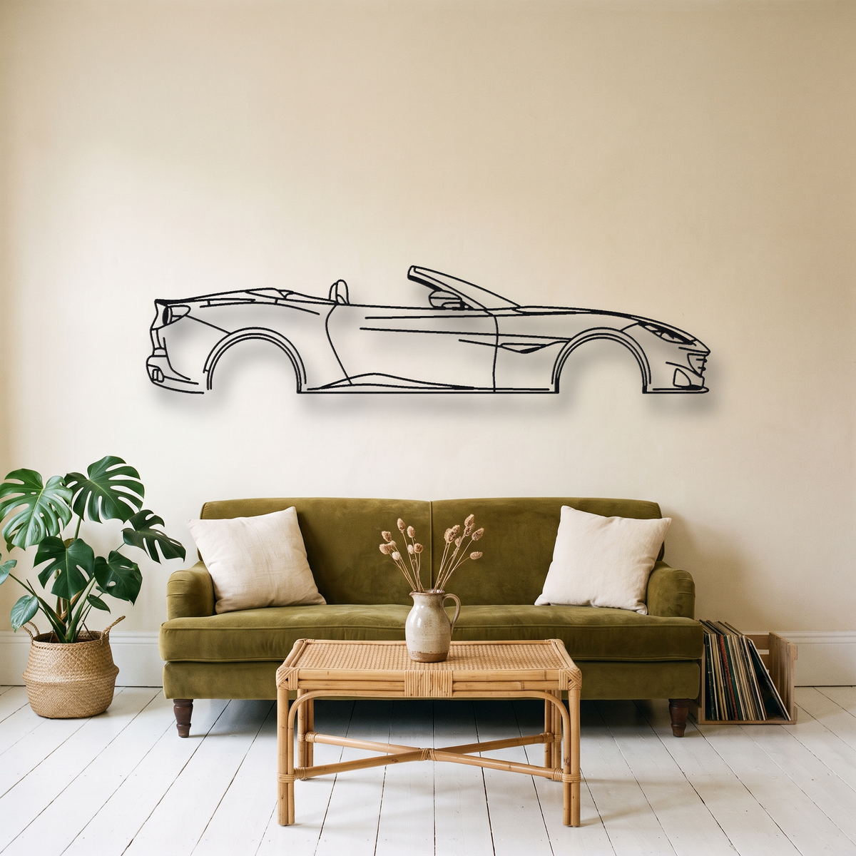 Ferrari Portofino metal wall art silhouette, front view on wall
