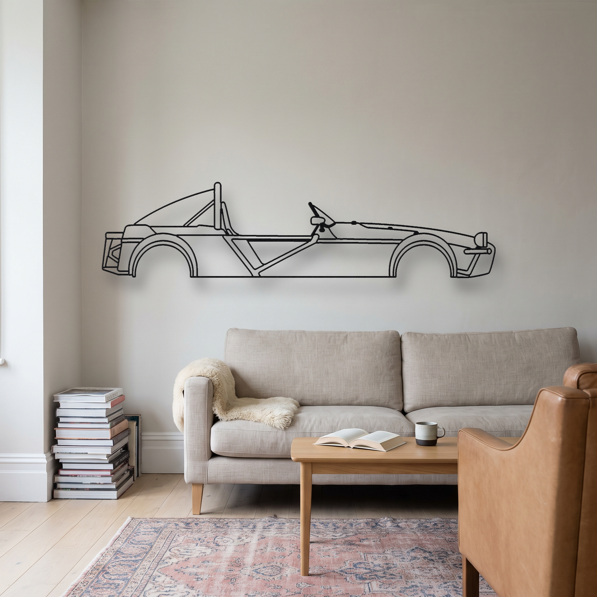 Lotus 340R metal wall art silhouette, front view on wall