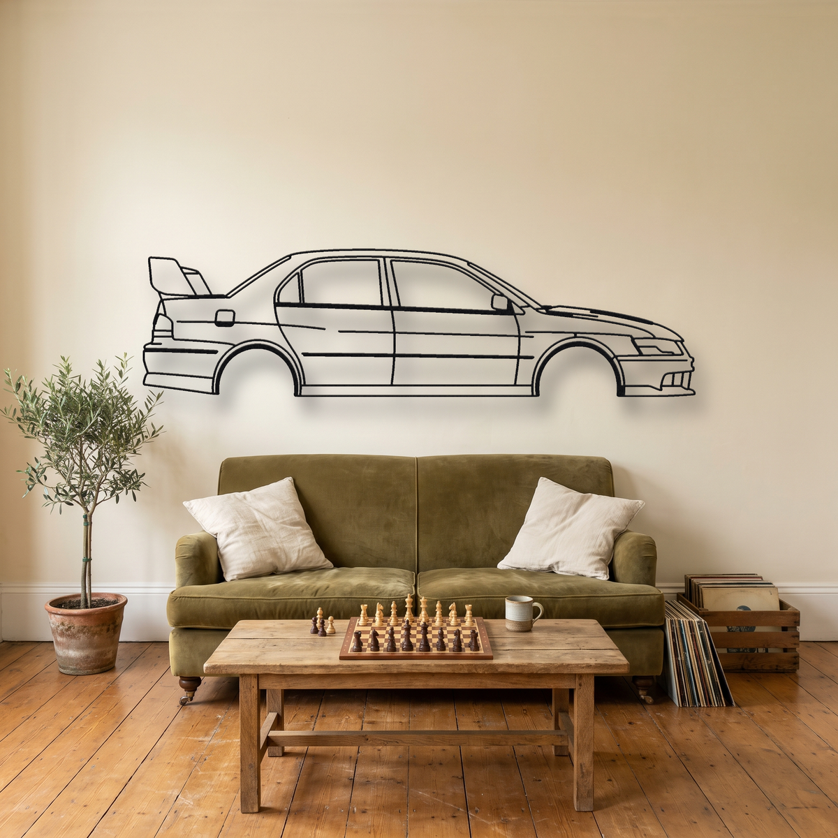 Mitsubishi Lancer Evolution VIII CT9A metal wall art silhouette, front view on wall