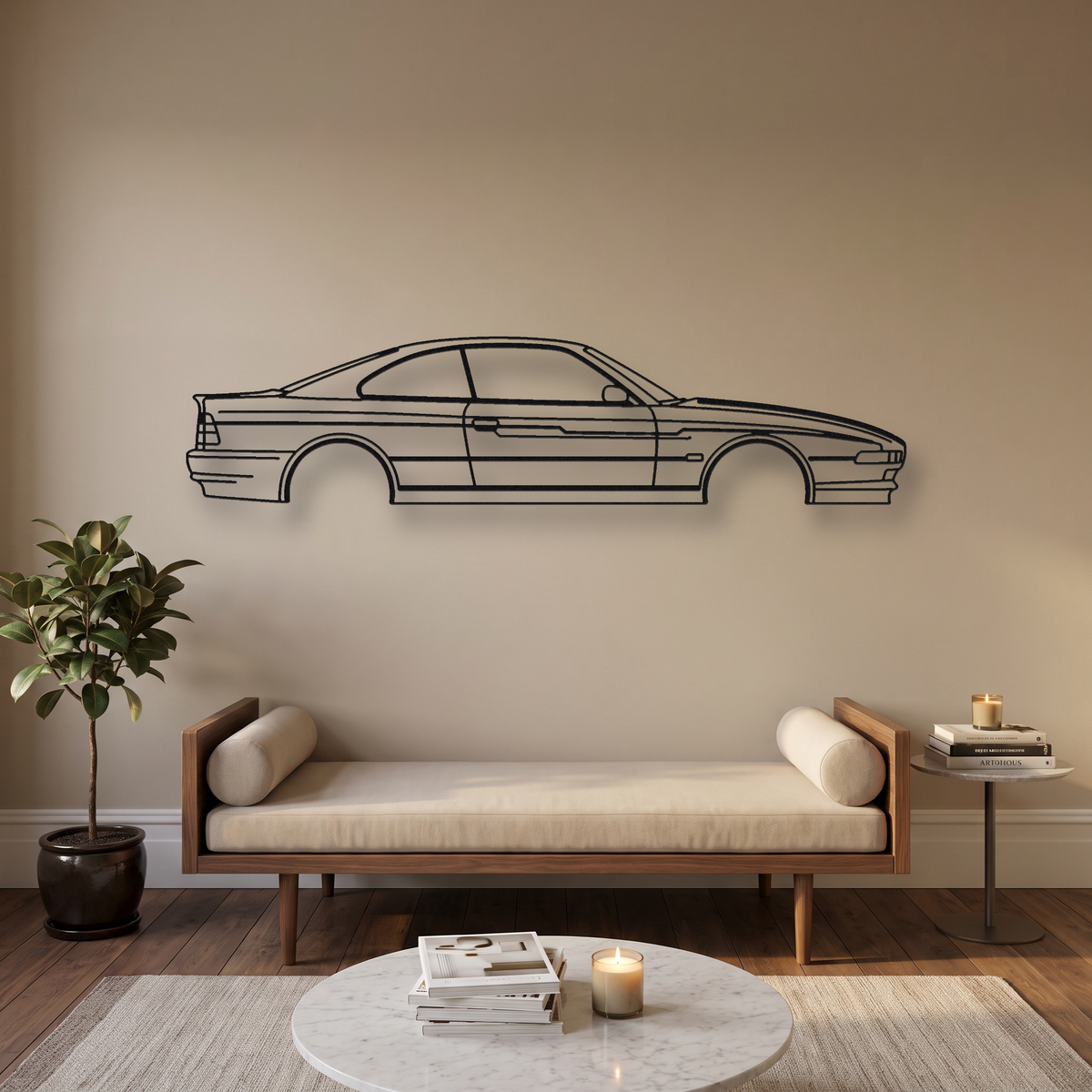 Alpina B12 5.7 Coupe E31 metal wall art silhouette, front view on wall