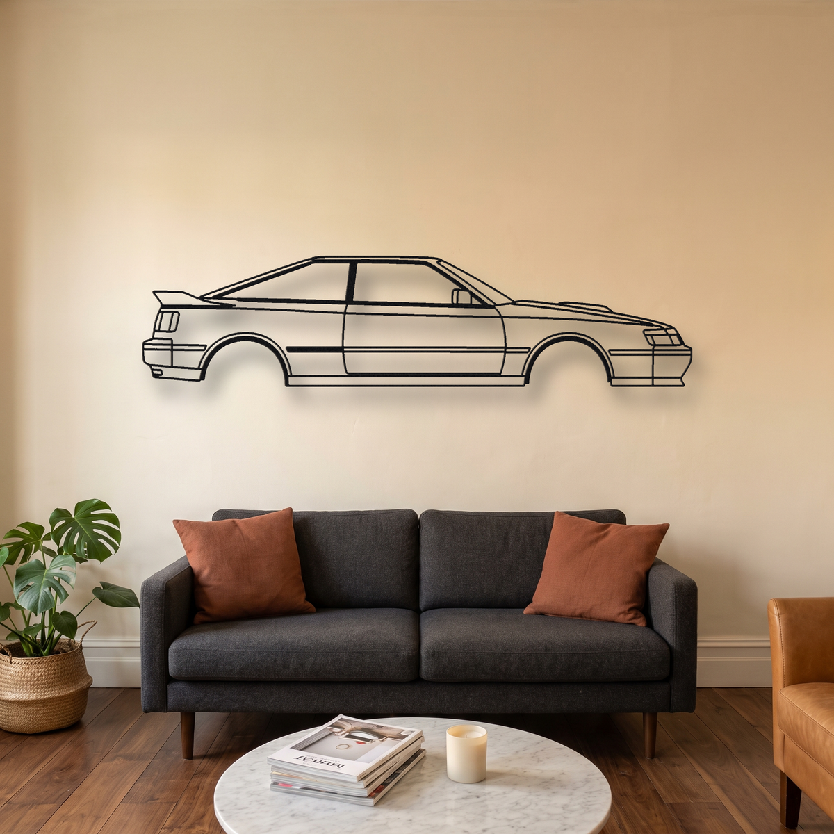 Toyota Celica GT-Four ST165 metal wall art silhouette, front view on wall