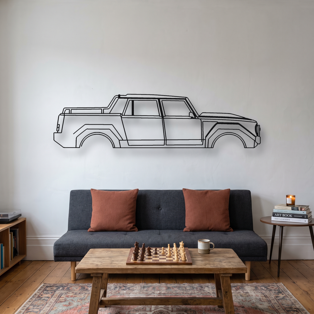 Lamborghini LM002 metal wall art silhouette, front view on wall