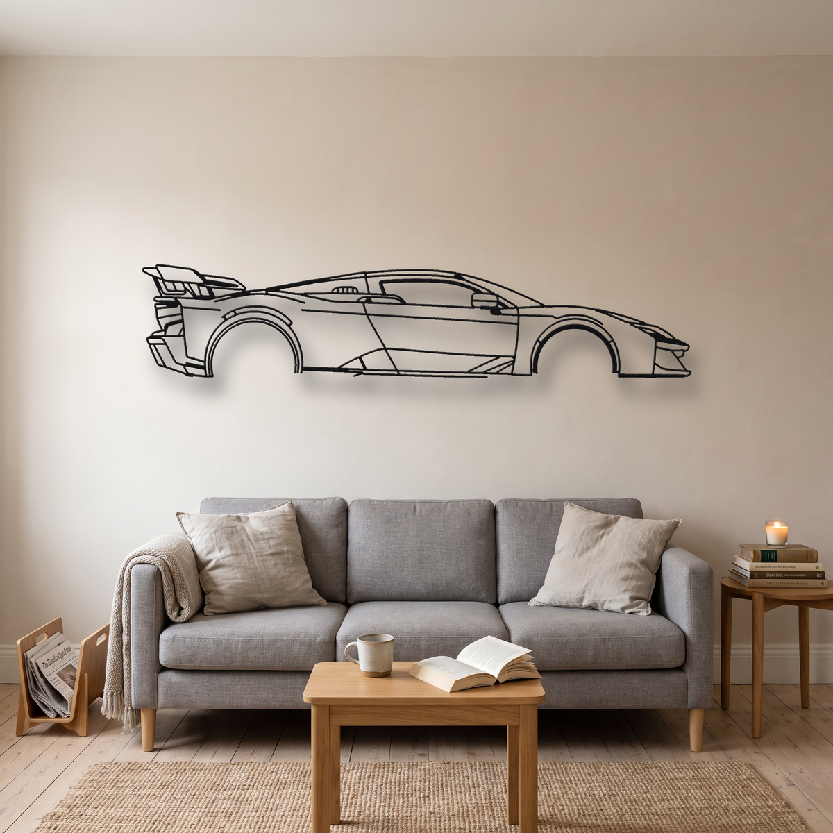 Ferrari F80 metal wall art silhouette, front view on wall