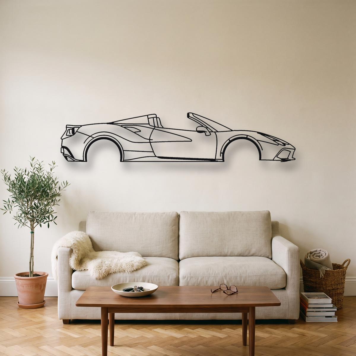 Ferrari 488 Spider metal wall art silhouette, front view on wall