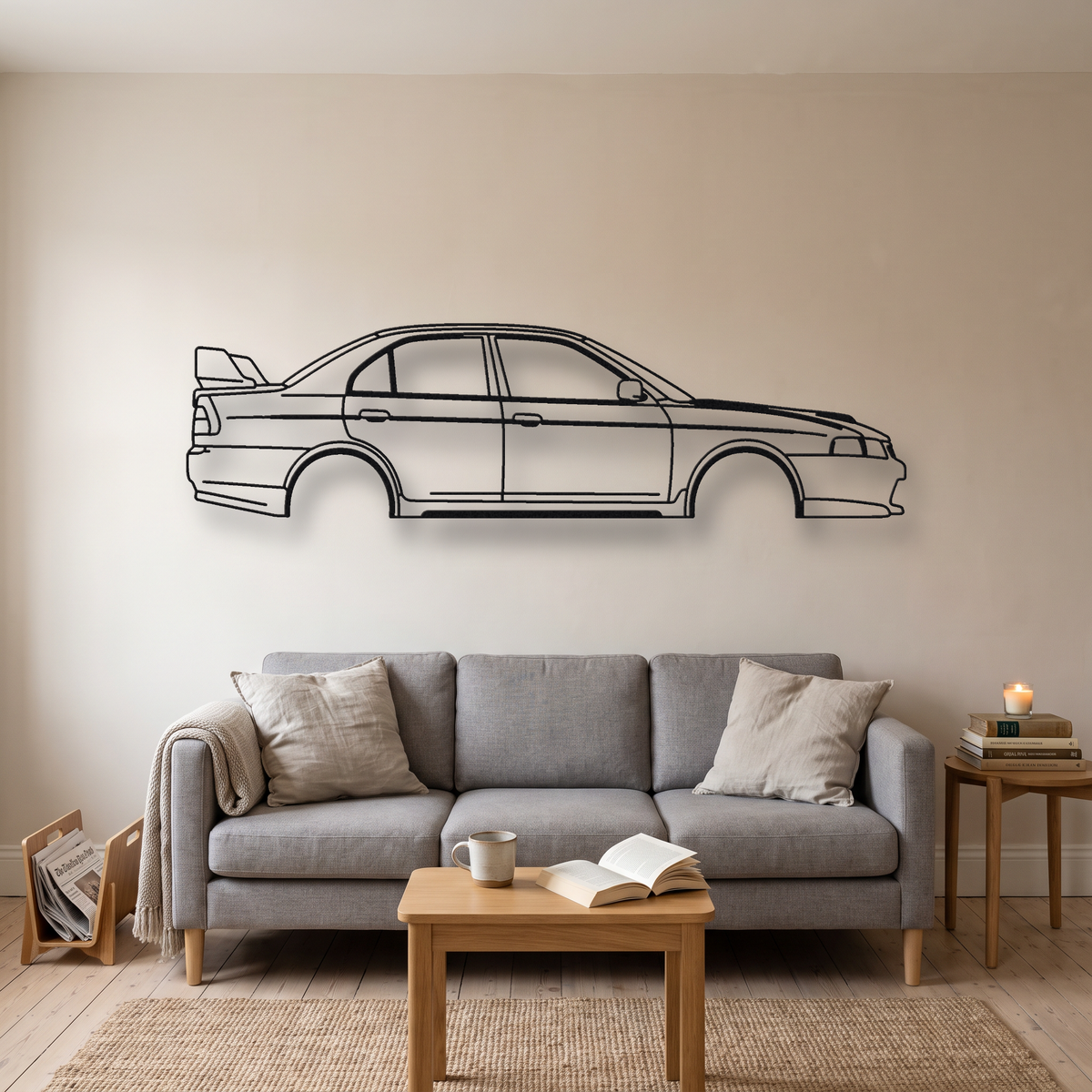 Mitsubishi Lancer Evolution IV CN9A metal wall art silhouette, front view on wall