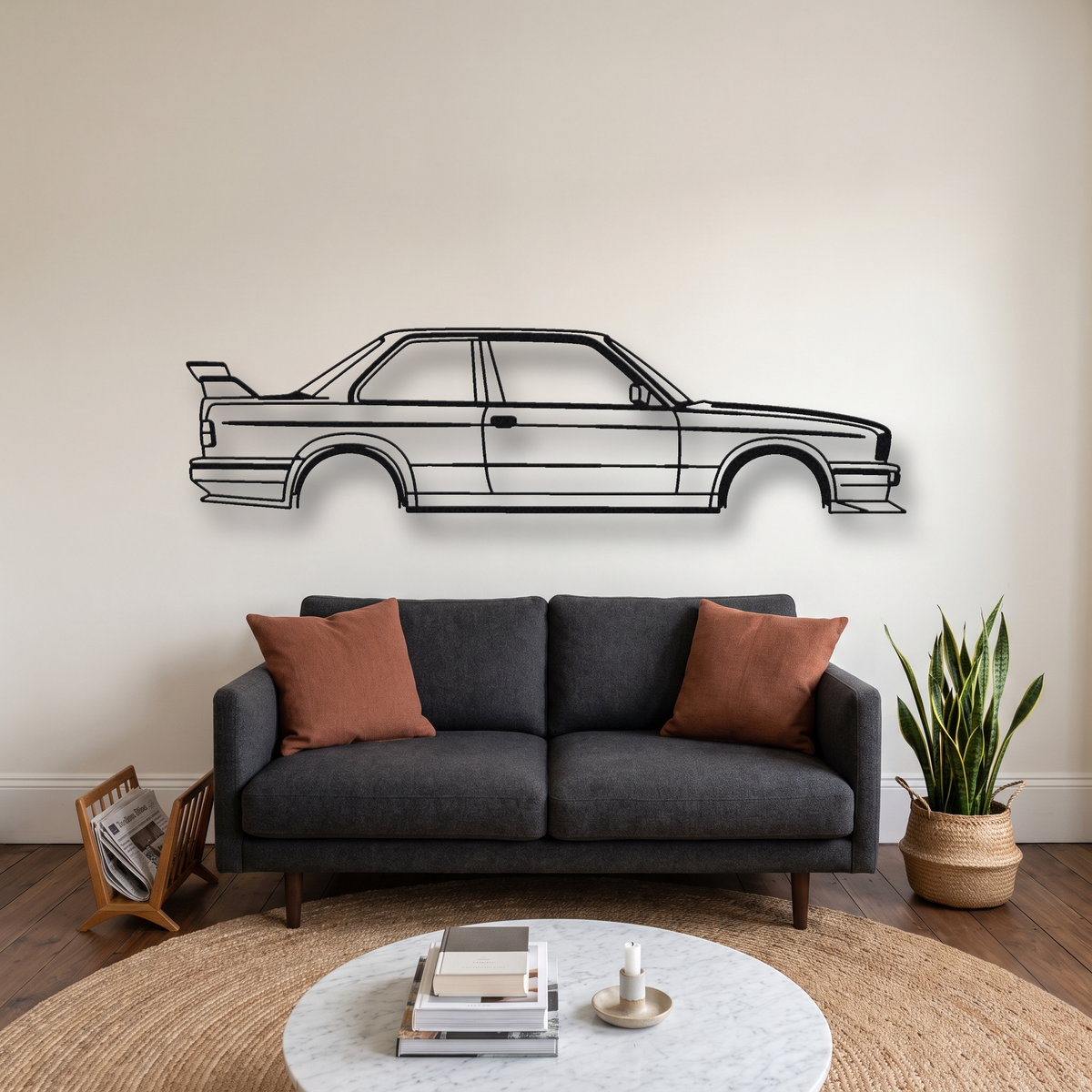 BMW M3 Sport Evolution E30 metal wall art silhouette, front view on wall
