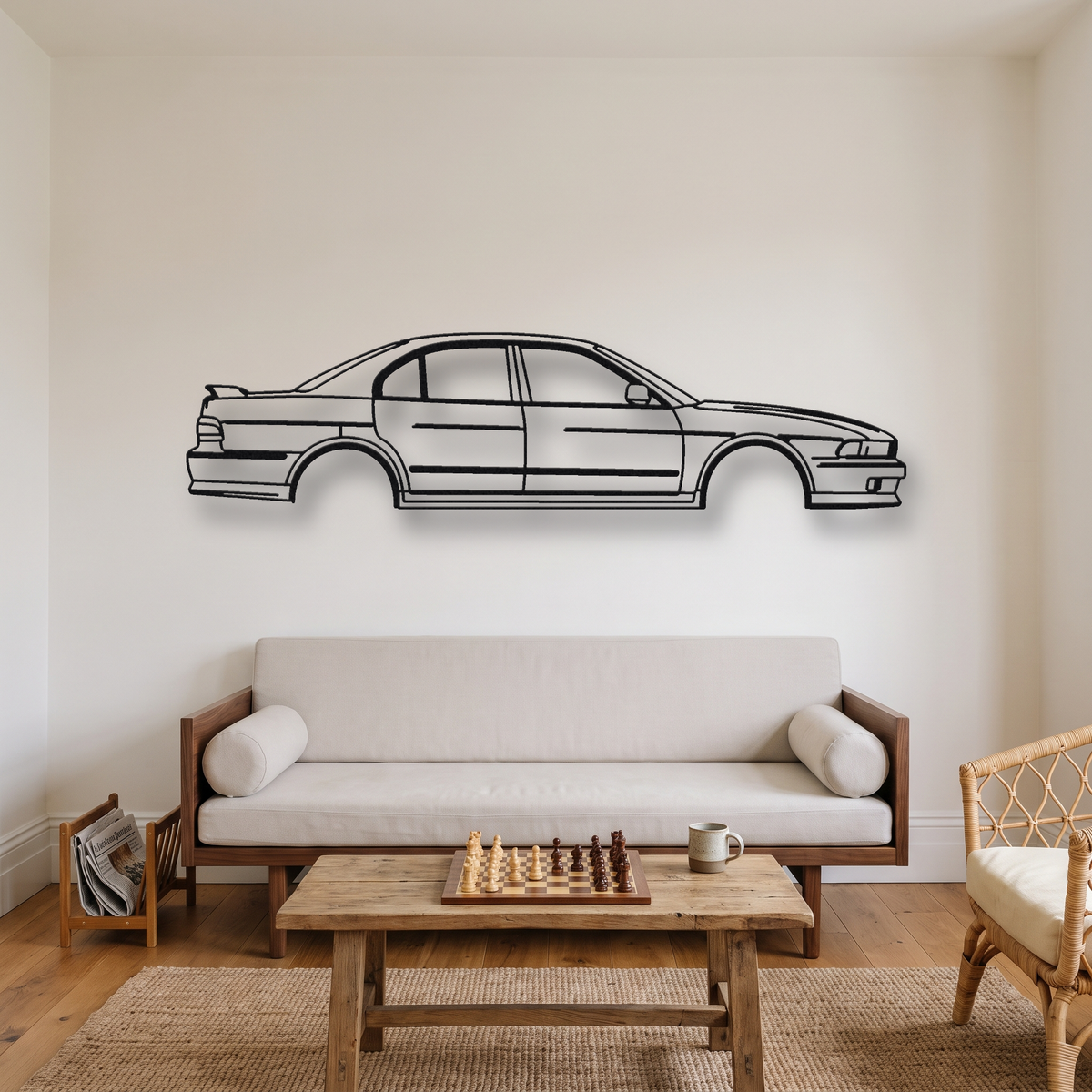 Mitsubishi Galant VR-4 E74A metal wall art silhouette, front view on wall
